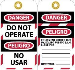 NMC - 3" High x 6" Long, DANGER - DO NOT OPERATE, Safety & Facility Lockout Tag - Tag Header: Danger, 2 Sides, Black, Red & White Unrippable Vinyl - Apex Tool & Supply