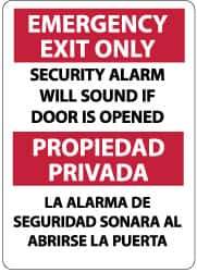 NMC - Emergency Exit Only - Security Alarm Will Sound If Door Is Opened, Aluminum Exit Sign - 10" Wide x 14" High, English/Spanish - Apex Tool & Supply