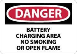 NMC - "Danger - Battery Charging Area - No Smoking or Open Flame", 7" Long x 10" Wide, Rigid Plastic Safety Sign - Rectangle, 0.05" Thick, Use for Accident Prevention - Apex Tool & Supply