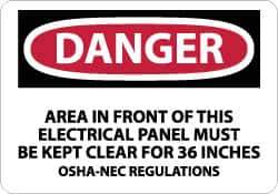 NMC - "Danger - Area in Front of This Electrical Panel Must Be Kept Clear for 36 Inches OSHA-NEC Regulations", 7" Long x 10" Wide, Rigid Plastic Safety Sign - Rectangle, 0.05" Thick, Use for Accident Prevention - Apex Tool & Supply