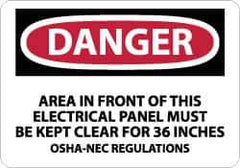 NMC - "Danger - Area in Front of This Electrical Panel Must Be Kept Clear for 36 Inches OSHA-NEC Regulations", 7" Long x 10" Wide, Rigid Plastic Safety Sign - Rectangle, 0.05" Thick, Use for Accident Prevention - Apex Tool & Supply
