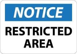 NMC - "Notice - Restricted Area", 10" Long x 14" Wide, Aluminum Safety Sign - Rectangle, 0.04" Thick, Use for Security & Admittance - Apex Tool & Supply