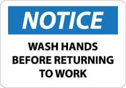 NMC - Restroom, Janitorial & Housekeeping Label, Header: NOTICE - Legend: Notice - Wash Hands Before Returning to Work, English, Black, Blue & White, 5" Long x 3" High, Sign Muscle Finish - Apex Tool & Supply