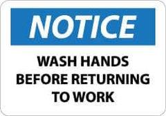 NMC - Restroom, Janitorial & Housekeeping Label, Header: NOTICE - Legend: Notice - Wash Hands Before Returning to Work, English, Black, Blue & White, 5" Long x 3" High, Sign Muscle Finish - Apex Tool & Supply