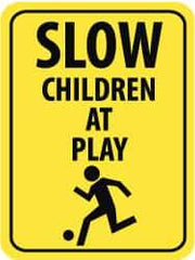 NMC - "Slow - Children at Play", "Child Playing", 18" Wide x 24" High, Aluminum Traffic Control Signs - 0.08" Thick, Black on Yellow, High Intensity Reflectivity, Rectangle, Post Mount - Apex Tool & Supply