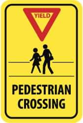 NMC - "Yield - Pedestrian Crossing", "Pedestrians, Red Triangle", 12" Wide x 18" High, Aluminum Pedestrian Crossing Signs - 0.08" Thick, Red & Black on Yellow, High Intensity Reflectivity, Rectangle, Post Mount - Apex Tool & Supply
