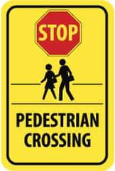 NMC - "Stop - Pedestrian Crossing", "Pedestrians Crossing", 12" Wide x 18" High, Aluminum Pedestrian Crossing Signs - 0.08" Thick, Red & Black on Yellow, High Intensity Reflectivity, Rectangle, Post Mount - Apex Tool & Supply