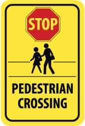 NMC - "Stop - Pedestrian Crossing", "Pedestrians Crossing", 18" Wide x 24" High, Aluminum Pedestrian Crossing Signs - 0.08" Thick, Red & Black on Yellow, High Intensity Reflectivity, Rectangle, Post Mount - Apex Tool & Supply