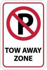 NMC - "Tow Away Zone", "Strike on P", 12" Wide x 18" High, Aluminum No Parking & Tow Away Signs - 0.08" Thick, Red & Black on White, High Intensity Reflectivity, Rectangle, Post Mount - Apex Tool & Supply