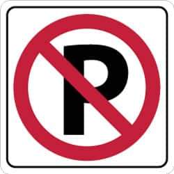 NMC - "Strike on P", 24" Wide x 24" High, Aluminum No Parking & Tow Away Signs - 0.08" Thick, Red & Black on White, Engineer Grade Reflectivity, Square, Post Mount - Apex Tool & Supply