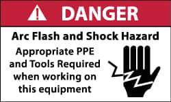 NMC - Accident Prevention Label, Header: DANGER - Legend: Danger - Arc Flash and Shock Hazard - Appropriate Pipe and Tools Required When Working On Equipment, English, Red, Black & White, 5" Long x 3" High, Sign Muscle Finish - Apex Tool & Supply