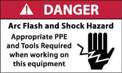 NMC - Accident Prevention Label, Header: DANGER - Legend: Danger - Arc Flash and Shock Hazard - Appropriate Pipe and Tools Required When Working On Equipment, English, Red, Black & White, 5" Long x 3" High, Sign Muscle Finish - Apex Tool & Supply