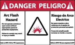 NMC - Accident Prevention Label, Header: DANGER - Legend: Danger - Arc Flash Hazard, English & Spanish, Red, Black & White, 5" Long x 3" High, Sign Muscle Finish - Apex Tool & Supply