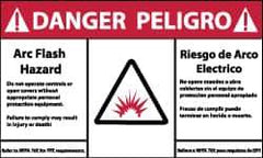 NMC - Accident Prevention Label, Header: DANGER - Legend: Danger - Arc Flash Hazard, English & Spanish, Red, Black & White, 5" Long x 3" High, Sign Muscle Finish - Apex Tool & Supply