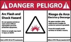 NMC - Accident Prevention Label, Header: DANGER - Legend: Danger - Arc Flash and Shock Hazard, English & Spanish, Red, Black & White, 5" Long x 3" High, Sign Muscle Finish - Apex Tool & Supply