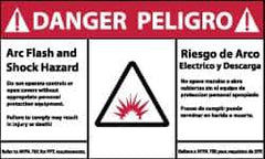 NMC - Accident Prevention Label, Header: DANGER - Legend: Danger - Arc Flash and Shock Hazard, English & Spanish, Red, Black & White, 5" Long x 3" High, Sign Muscle Finish - Apex Tool & Supply