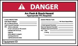 NMC - Accident Prevention Label, Header: DANGER - Legend: Danger - Arc Flash & Shock Hazard - Appropriate Pipe Required - Shows Check List, English, Red, Black & White, 5" Long x 3" High, Sign Muscle Finish - Apex Tool & Supply