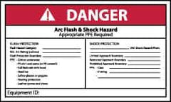 NMC - Accident Prevention Label, Header: DANGER - Legend: Danger - Arc Flash & Shock Hazard - Appropriate Pipe Required - Shows Check List, English, Red, Black & White, 5" Long x 3" High, Sign Muscle Finish - Apex Tool & Supply