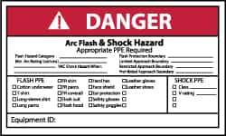 NMC - Accident Prevention Label, Header: DANGER - Legend: Danger - Arc Flash & Shock Hazard - Appropriate Pipe Required, English, Red, Black & White, 5" Long x 3" High, Sign Muscle Finish - Apex Tool & Supply