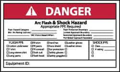 NMC - Accident Prevention Label, Header: DANGER - Legend: Danger - Arc Flash & Shock Hazard - Appropriate Pipe Required, English, Red, Black & White, 5" Long x 3" High, Sign Muscle Finish - Apex Tool & Supply