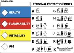 NMC - Hazardous Materials Label - Legend: Health - Flammability - Instability - PPE, English, Blue, Red, Yellow & White, 5" Long x 3" High, Sign Muscle Finish - Apex Tool & Supply