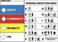 NMC - Hazardous Materials Label - Legend: Health - Flammability - Instability - PPE, English, Blue, Red, Yellow & White, 5" Long x 3" High, Sign Muscle Finish - Apex Tool & Supply