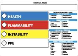 NMC - Hazardous Materials Label - Legend: Health - Flammability - Instability - PPE, English, Blue, Red, Yellow & White, 5" Long x 3" High, Sign Muscle Finish - Apex Tool & Supply