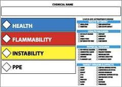 NMC - Hazardous Materials Label - Legend: Health - Flammability - Instability - PPE, English, Blue, Red, Yellow & White, 5" Long x 3" High, Sign Muscle Finish - Apex Tool & Supply