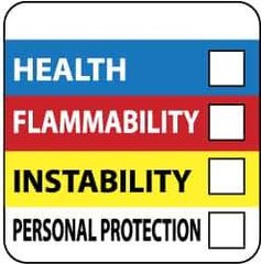 NMC - Hazardous Materials Label - Legend: Health - Flammability - Instability - Personal Protection, English, Blue, Red, Yellow & White, 4" Long x 4" High, Sign Muscle Finish - Apex Tool & Supply
