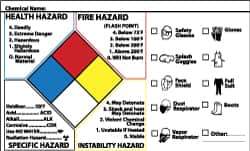 NMC - Hazardous Materials Label - Legend: Chemical Name, English, Black, Blue, Red, Yellow & White, 5" Long x 3" High, Sign Muscle Finish - Apex Tool & Supply