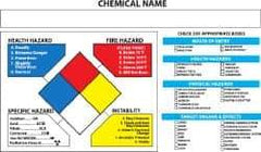 NMC - Hazardous Materials Label - Legend: Chemical Name, English, Black, Blue, Red, Yellow & White, 5" Long x 3" High, Sign Muscle Finish - Apex Tool & Supply