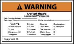 NMC - Accident Prevention Label, Header: WARNING - Legend: Warning - Arch Flash and Shock Hazard - Appropriate PPE and Tools Required When Working On This Equipment, English, Black, Orange & White, 5" Long x 3" High, Sign Muscle Finish - Apex Tool & Supply