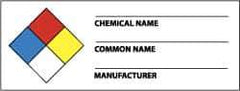 NMC - Hazardous Materials Label - Legend: Chemical Name ___ - Common Name ___ - Manufacturer ___, English, Black, Blue, Red, Yellow & White, 4" Long x 1-1/2" High, Sign Muscle Finish - Apex Tool & Supply