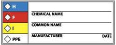 NMC - Hazardous Materials Label - Legend: H - F - I - PPE - Chemical Name ___ Common Name ___ Manufacturer ___ Date ___, English, Black, Blue, Red, Yellow & White, 4" Long x 1-1/2" High, Sign Muscle Finish - Apex Tool & Supply