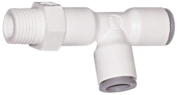 Parker - 3/8" OD, 3/8 NPTF, Bio-Sourced Nylon 11 Push-to-Connect Male Swivel Run Tee - 190 Max psi, White - Apex Tool & Supply
