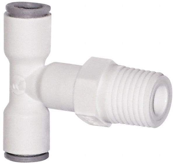 Parker - 1/4" OD, 3/8 NPTF, Bio-Sourced Nylon 11 Push-to-Connect Male Swivel Branch Tee - 230 Max psi, White - Apex Tool & Supply