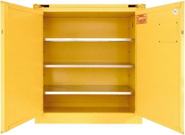 Securall Cabinets - 2 Door, 3 Shelf, Yellow Steel Standard Safety Cabinet for Flammable and Combustible Liquids - 46" High x 43" Wide x 18" Deep, Self Closing Door, 3 Point Key Lock, 40 Gal Capacity - Apex Tool & Supply
