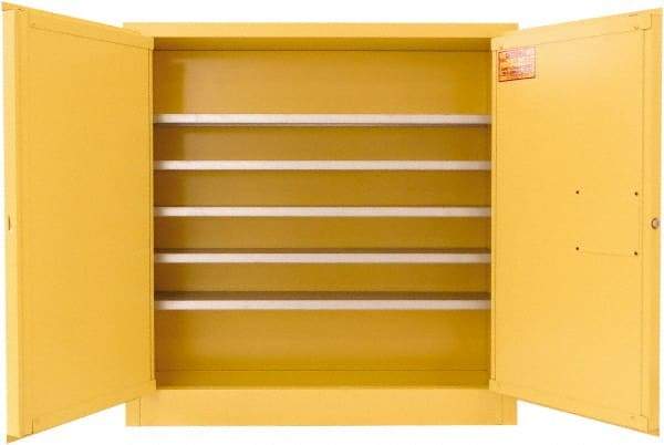 Securall Cabinets - 2 Door, 5 Shelf, Yellow Steel Wall Mount Safety Cabinet for Flammable and Combustible Liquids - 44" High x 43" Wide x 12" Deep, Manual Closing Door, 3 Point Key Lock, 24 Gal Capacity - Apex Tool & Supply