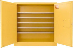 Securall Cabinets - 2 Door, 5 Shelf, Yellow Steel Wall Mount Safety Cabinet for Flammable and Combustible Liquids - 44" High x 43" Wide x 12" Deep, Manual Closing Door, 3 Point Key Lock, 24 Gal Capacity - Apex Tool & Supply