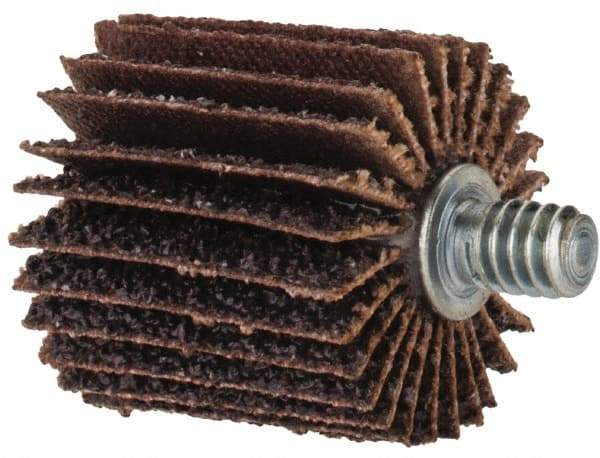 Merit Abrasives - 1" Diam x 1" Face Width, Coarse Aluminum Oxide Coated Mounted Flap Wheel - 1/4-20 Threaded Mount, 40 Grit, Cloth Backing, 30,000 Max RPM - Apex Tool & Supply