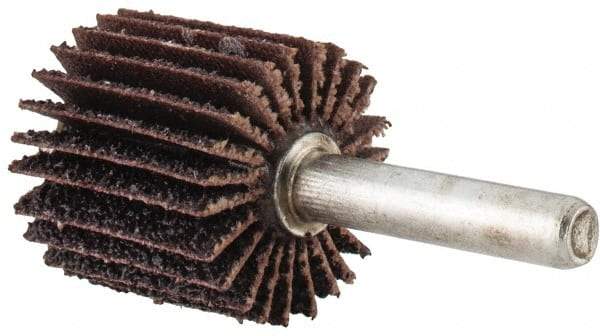 Merit Abrasives - 1" Diam x 1" Face Width, Coarse Aluminum Oxide Coated Mounted Flap Wheel - 1/4" Shank Mount, 40 Grit, Cloth Backing, 30,000 Max RPM - Apex Tool & Supply