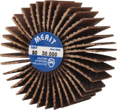 Merit Abrasives - 1-3/8" Diam x 5/8" Face Width, Medium Aluminum Oxide Coated Mounted Flap Wheel - 1/4-20 Threaded Mount, 80 Grit, Cloth Backing, 30,000 Max RPM - Apex Tool & Supply