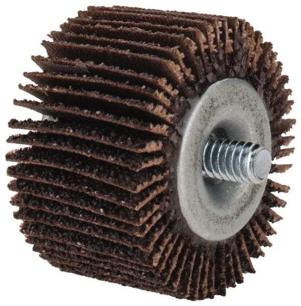 Merit Abrasives - 1-5/8" Diam x 1" Face Width, Coarse Aluminum Oxide Coated Mounted Flap Wheel - 1/4-20 Threaded Mount, 40 Grit, Cloth Backing, 25,000 Max RPM - Apex Tool & Supply
