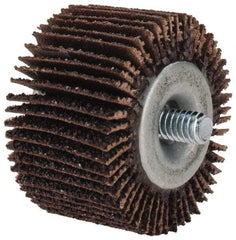 Merit Abrasives - 1-5/8" Diam x 1" Face Width, Coarse Aluminum Oxide Coated Mounted Flap Wheel - 1/4-20 Threaded Mount, 40 Grit, Cloth Backing, 25,000 Max RPM - Apex Tool & Supply