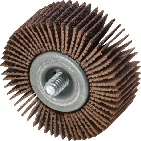 Merit Abrasives - 2" Diam x 3/4" Face Width, Medium Aluminum Oxide Coated Mounted Flap Wheel - 1/4-20 Threaded Mount, 60 Grit, Cloth Backing, 25,000 Max RPM - Apex Tool & Supply