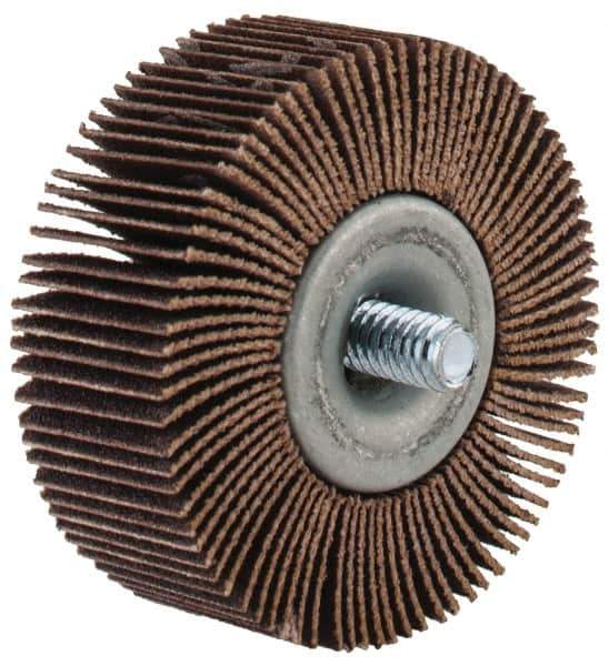 Merit Abrasives - 2" Diam x 3/4" Face Width, Fine Aluminum Oxide Coated Mounted Flap Wheel - 1/4-20 Threaded Mount, 120 Grit, Cloth Backing, 25,000 Max RPM - Apex Tool & Supply