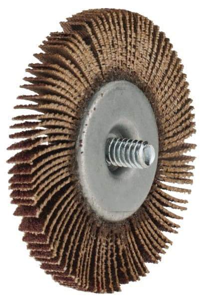 Merit Abrasives - 2-1/2" Diam x 1/4" Face Width, Medium Aluminum Oxide Coated Mounted Flap Wheel - 1/4-20 Threaded Mount, 60 Grit, Cloth Backing, 25,000 Max RPM - Apex Tool & Supply