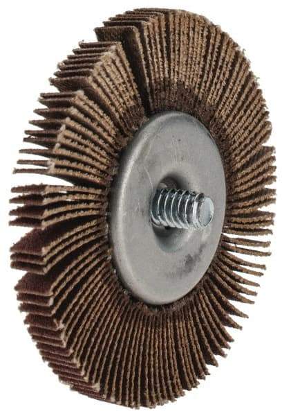 Merit Abrasives - 2-1/2" Diam x 1/4" Face Width, Fine Aluminum Oxide Coated Mounted Flap Wheel - 1/4-20 Threaded Mount, 120 Grit, Cloth Backing, 25,000 Max RPM - Apex Tool & Supply