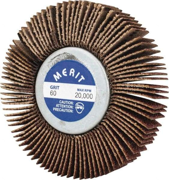 Merit Abrasives - 2-1/2" Diam x 1/2" Face Width, Medium Aluminum Oxide Coated Mounted Flap Wheel - 1/4-20 Threaded Mount, 60 Grit, Cloth Backing, 20,000 Max RPM - Apex Tool & Supply