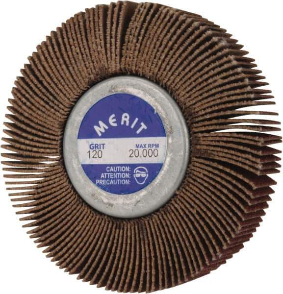 Merit Abrasives - 2-1/2" Diam x 1/2" Face Width, Fine Aluminum Oxide Coated Mounted Flap Wheel - 1/4-20 Threaded Mount, 120 Grit, Cloth Backing, 20,000 Max RPM - Apex Tool & Supply